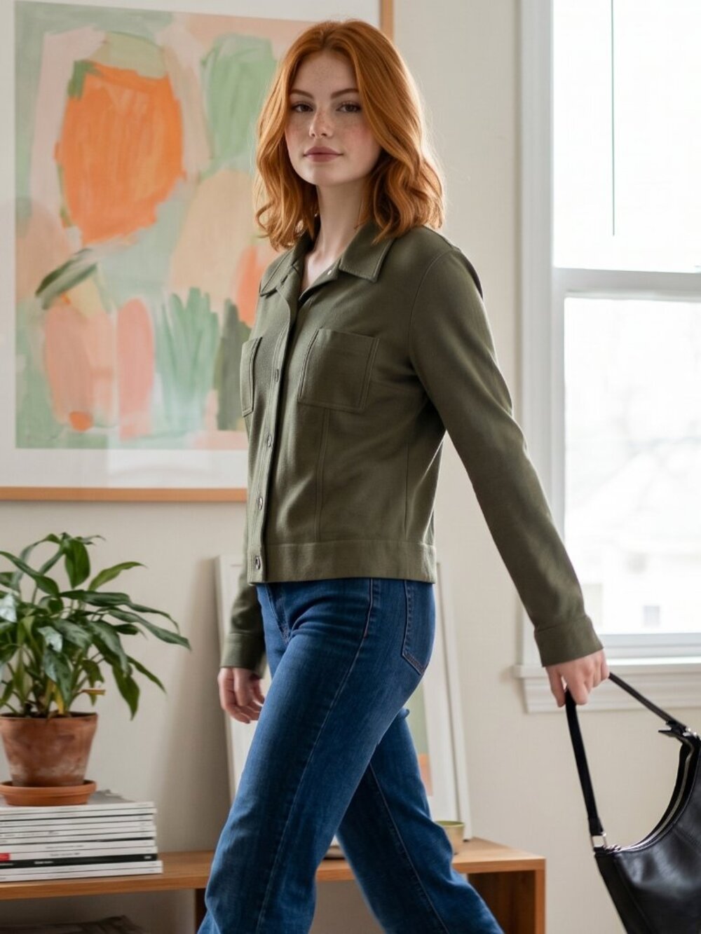 New York & Company Army Green Button Down Cropped Blazer/Shacket Women's Sz L